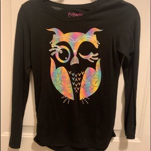 Black long sleeve top with multicolored owl.